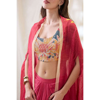 Soup by Sougat Paul Pink Ravya Floral Print Embellished Blouse with Skirt and Cape (Set of 3)