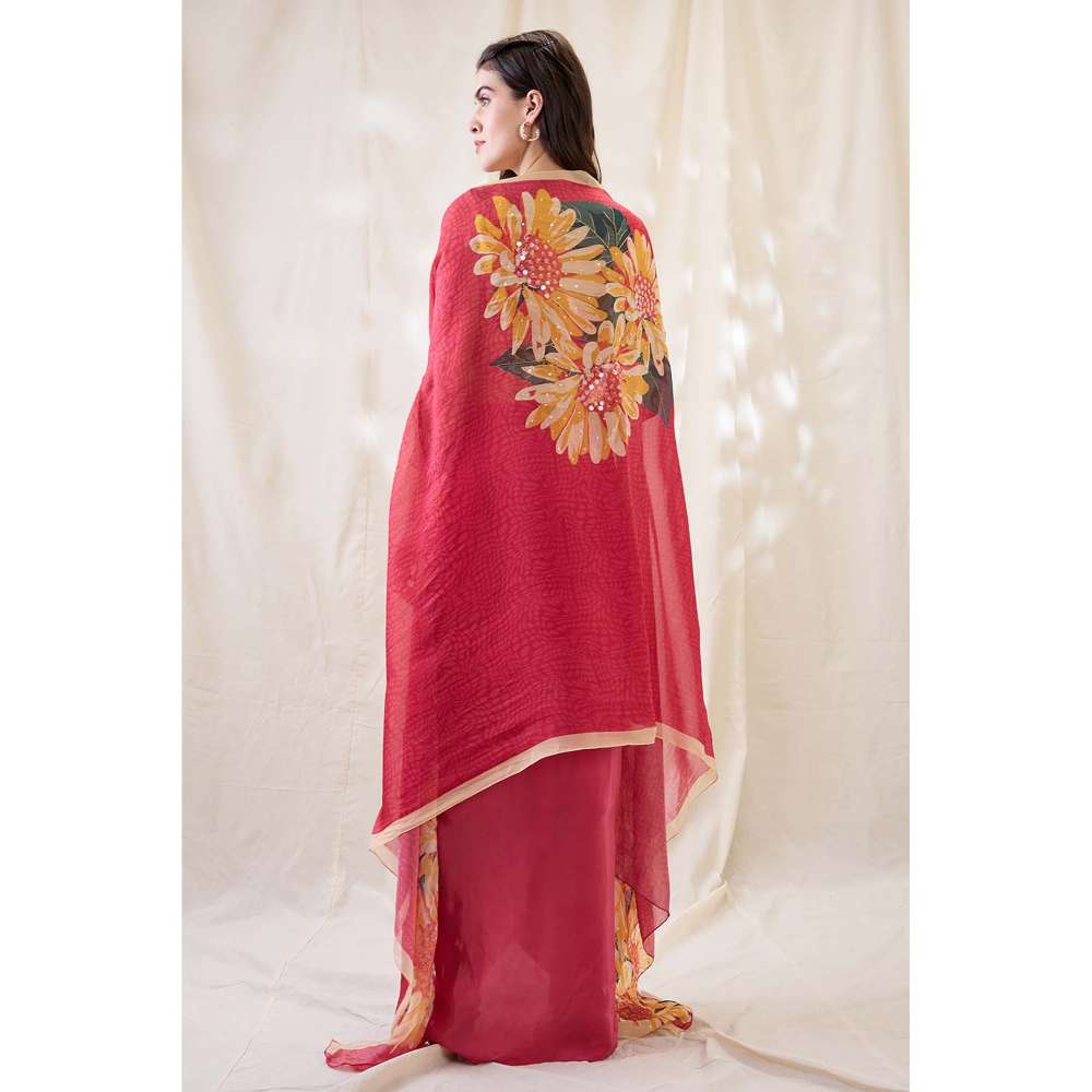 Soup by Sougat Paul Pink Ravya Floral Print Embellished Blouse with Skirt and Cape (Set of 3)