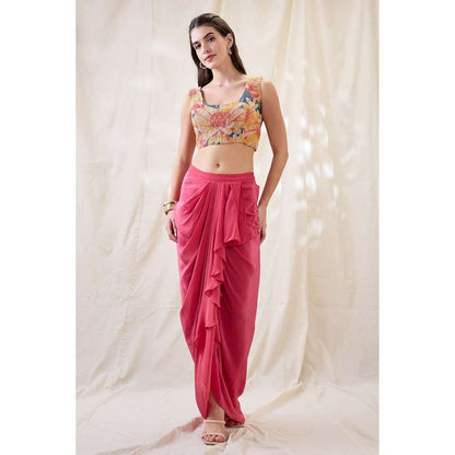 Soup by Sougat Paul Pink Ravya Floral Print Embellished Blouse with Skirt and Cape (Set of 3)
