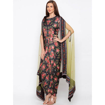Soup by Sougat Paul Black Floral Printed Drape Dress With Cape (Set of 2)