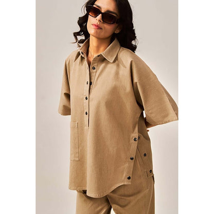 SPACE Dolla Two Piece Brown Mid Length Top And Elastic Pant