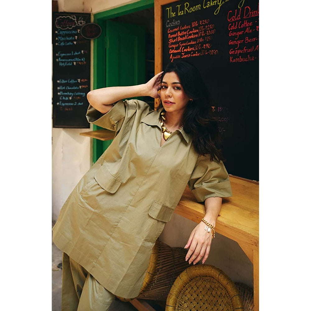 SPACE Cotton Brown Collar & Pockets Co-Ord Set