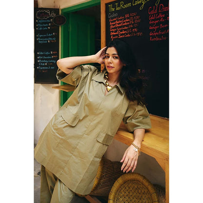 SPACE Cotton Brown Collar & Pockets Co-Ord Set