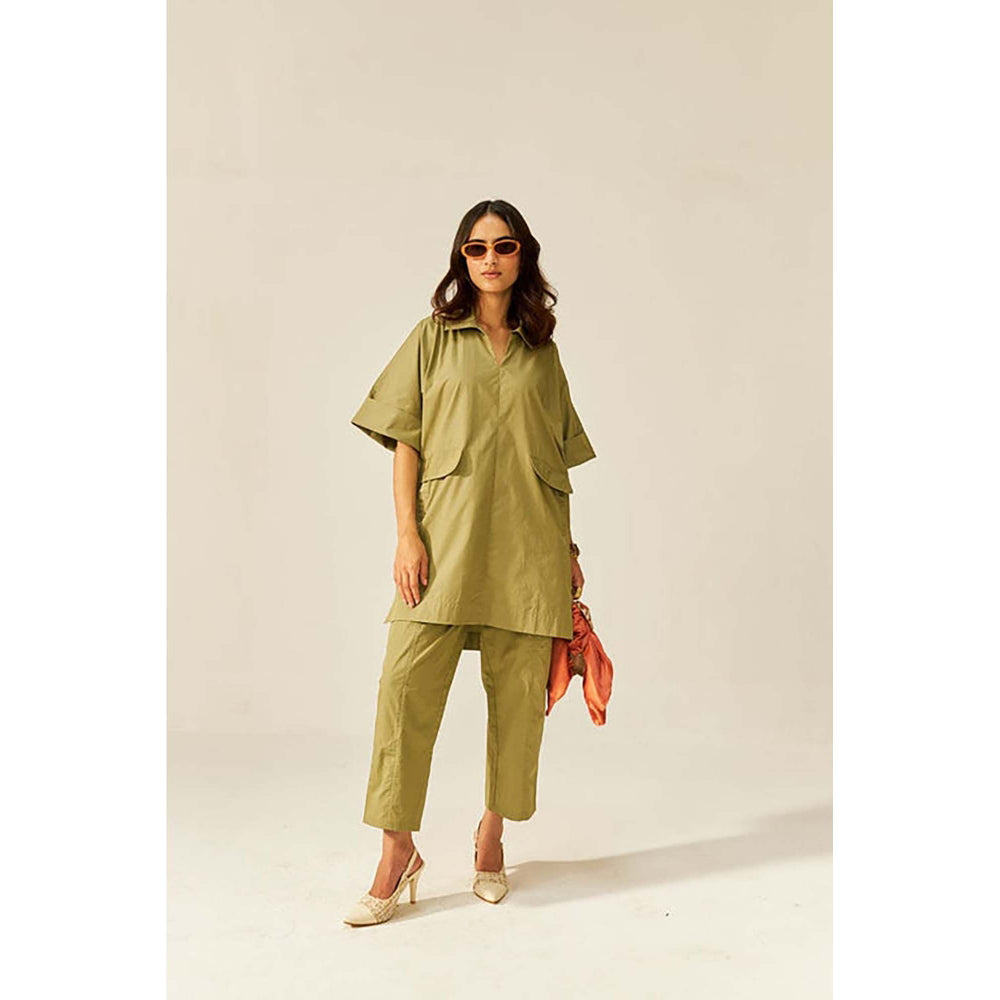 SPACE Cotton Brown Collar & Pockets Co-Ord Set