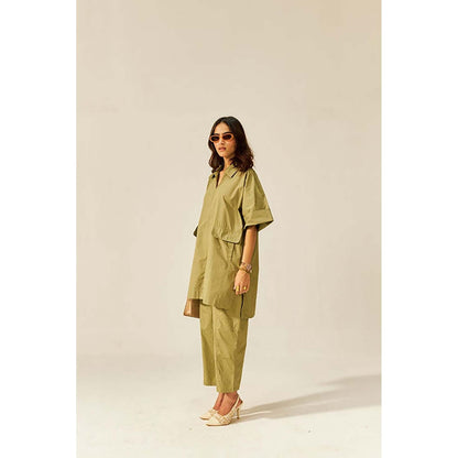 SPACE Cotton Brown Collar & Pockets Co-Ord Set