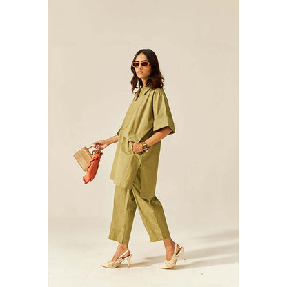 SPACE Cotton Brown Collar & Pockets Co-Ord Set
