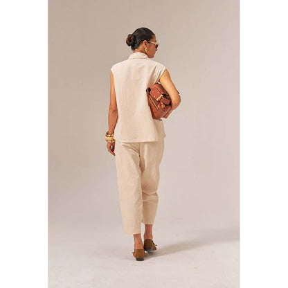 SPACE Oversized Kala Beige Cotton Sleeveless Shirt And Elasticated Pant