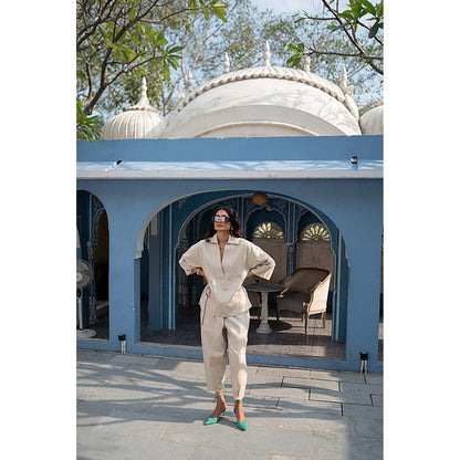 SPACE Giza Beige Co-Ord Set Made With Cotton Shirt And Pant