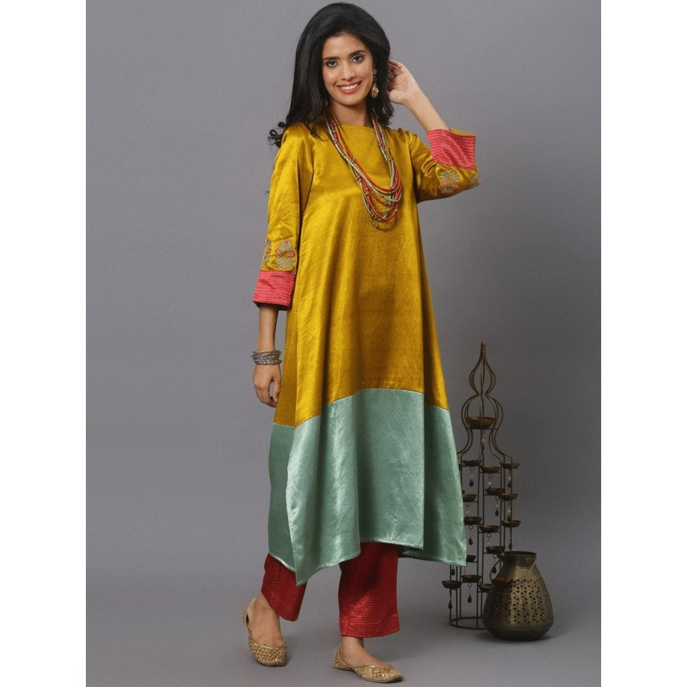 Spring Soul Color Block Mashru Silk Embroidered Sleeves Kurta