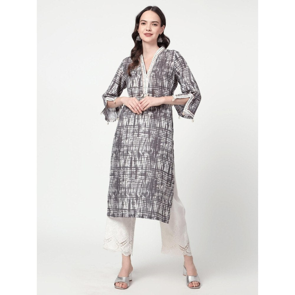 Spring Soul Grey Printed Lace Detailing Kurta