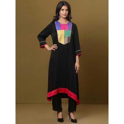 Spring Soul Black Cotton Modal Brocade Yoke Detailing Kurta