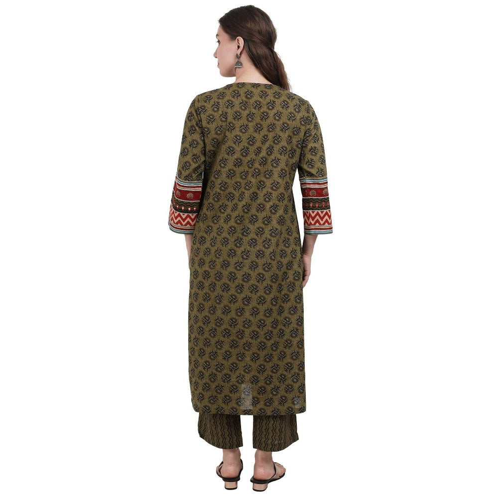 Spring Soul Olive Green Block Printed Angarkha Kurta with Pant (Set of 2)