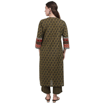 Spring Soul Olive Green Block Printed Angarkha Kurta with Pant (Set of 2)