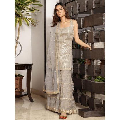 Spring Soul Grey Metallic Chanderi Sharara with Kurta and Dupatta (Set of 3)