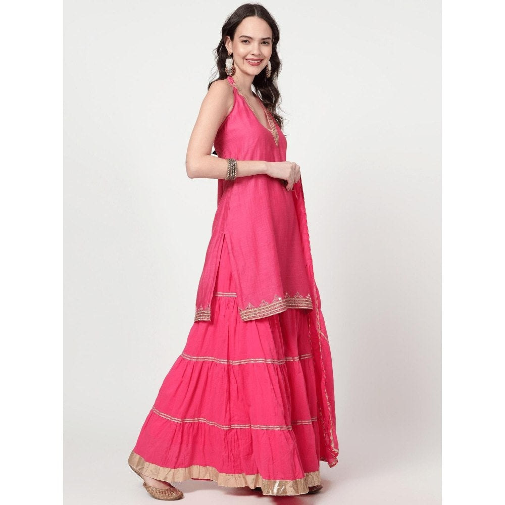 Spring Soul Fuchsia Pink Chanderi Silk Sharara with Kurta and Dupatta (Set of 3)