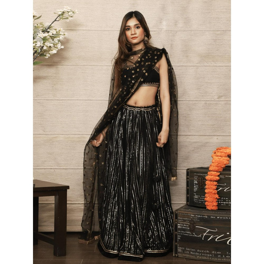 Spring Soul Black Embroidered Lehenga with Blouse and Dupatta (Set of 3)
