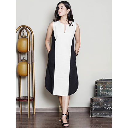Spring Soul Black and White Colour Block Midi Dress