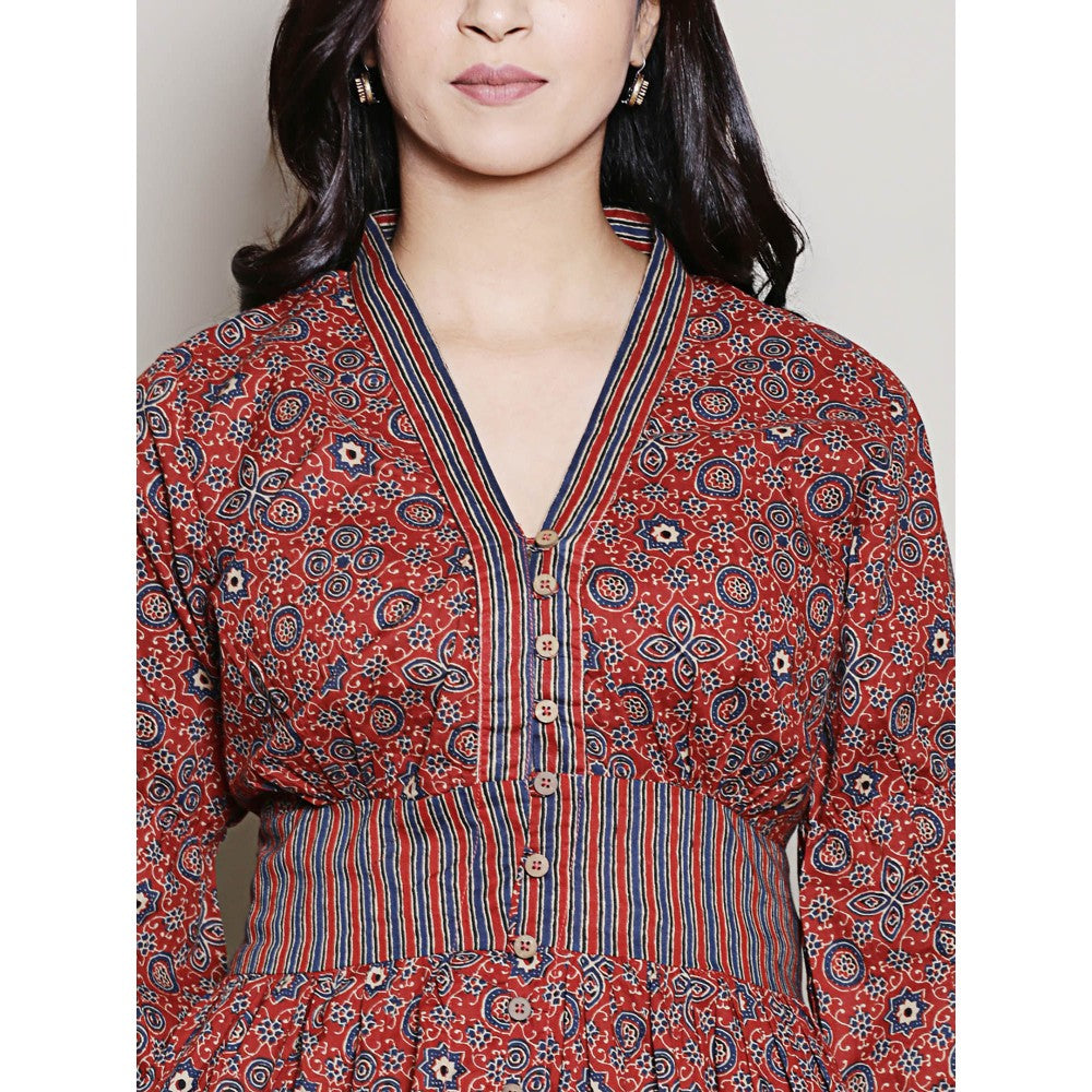 Spring Soul Maroon Printed Cotton Gathered Dress