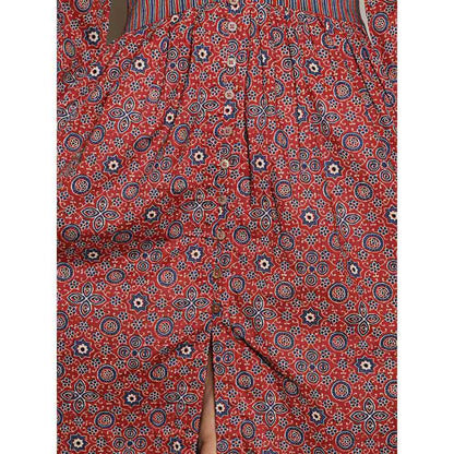 Spring Soul Maroon Printed Cotton Gathered Dress