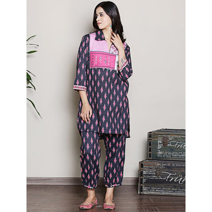 Spring Soul Block Printed Navy Blue Kurta with Yoke Detailing