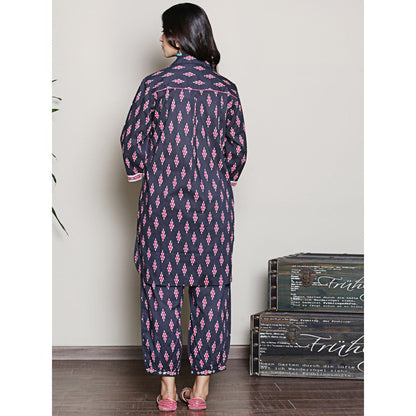 Spring Soul Block Printed Navy Blue Kurta with Yoke Detailing