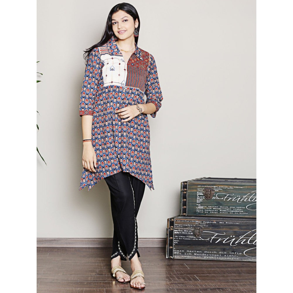 Spring Soul Block Printed Blue Color Kurta with Yoke Detailing