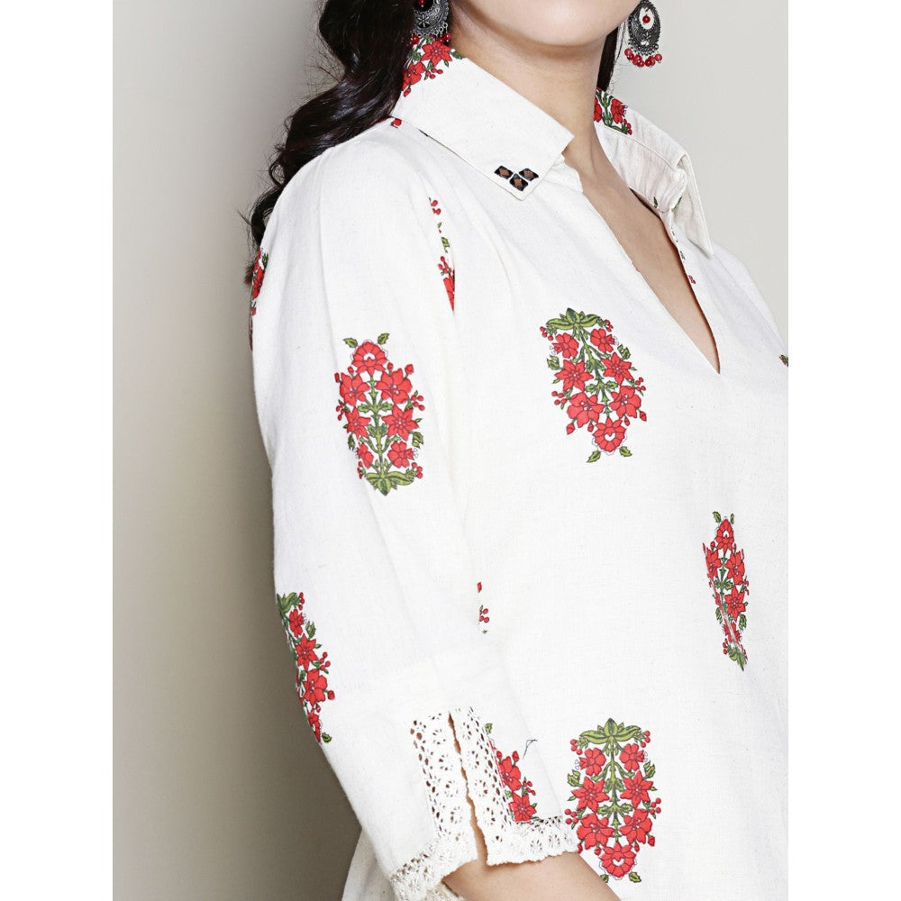 Spring Soul Printed Off-White Collared A-Line Kurta