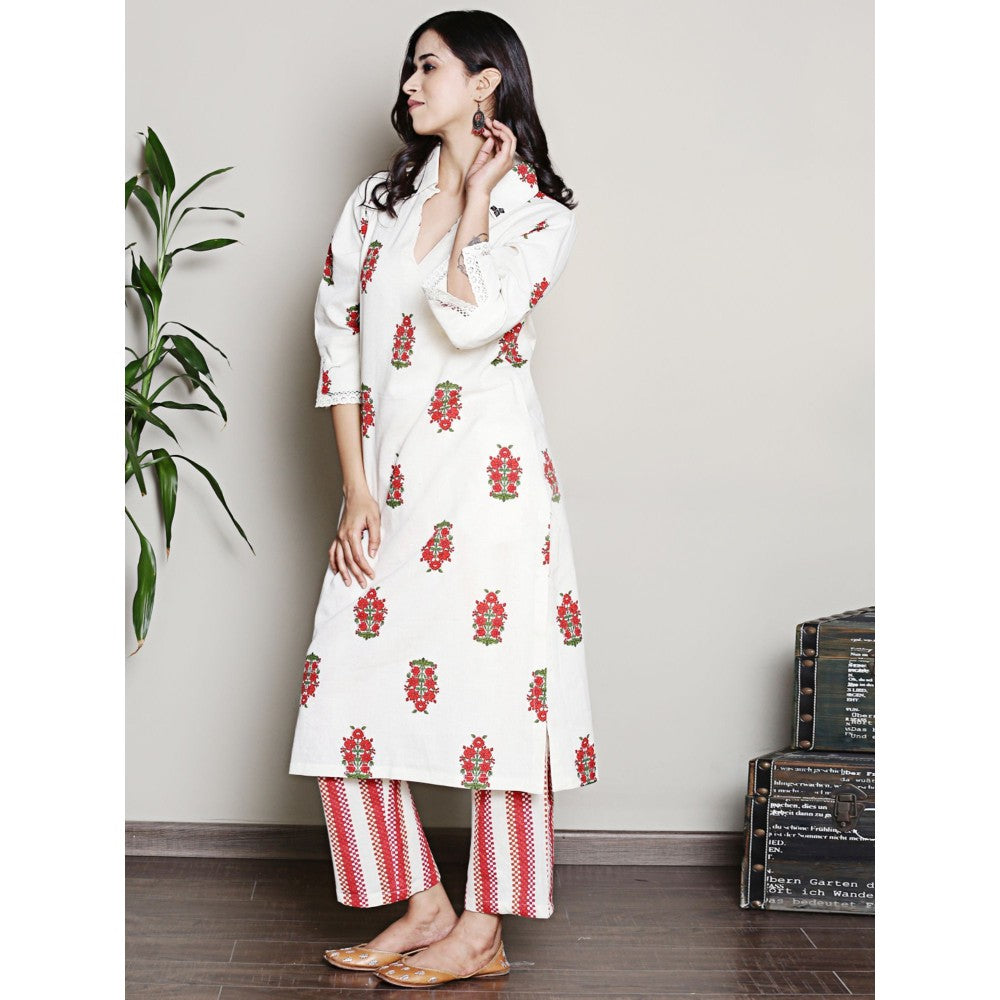 Spring Soul Printed Off-White Collared A-Line Kurta