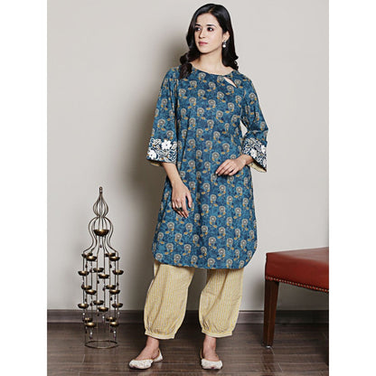 Spring Soul Teal Embroidered Block Printed Kurta with Harem Pant (Set of 2)