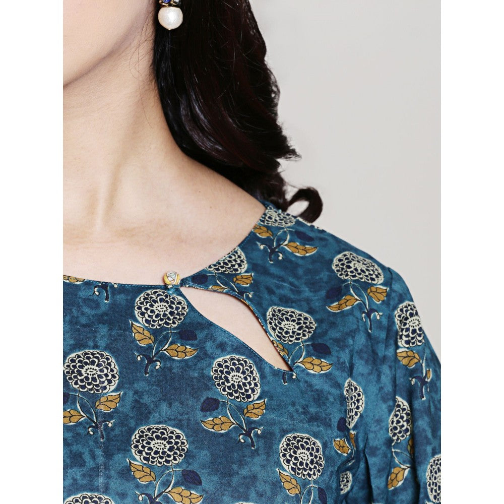 Spring Soul Teal Embroidered Block Printed Kurta with Harem Pant (Set of 2)