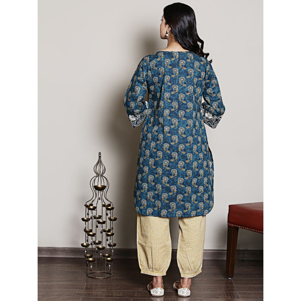 Spring Soul Teal Embroidered Block Printed Kurta with Harem Pant (Set of 2)