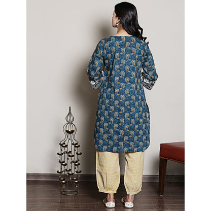 Spring Soul Teal Embroidered Block Printed Kurta with Harem Pant (Set of 2)