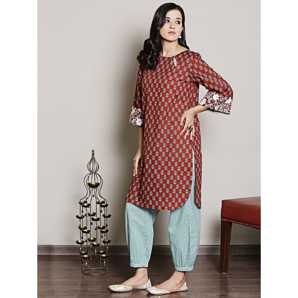 Spring Soul Maroon Embroidered Block Printed Kurta with Harem Pant (Set of 2)