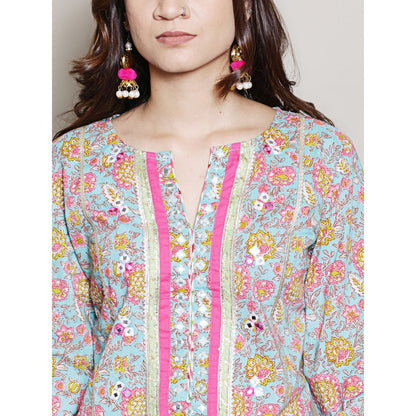 Spring Soul Floral Printed Blue Gota & Mirrorwork Kurta and Dhoti Pant (Set of 2)