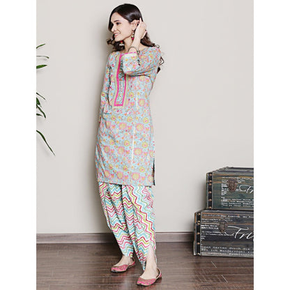 Spring Soul Floral Printed Blue Gota & Mirrorwork Kurta and Dhoti Pant (Set of 2)