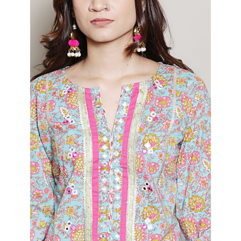 Spring Soul Floral Printed Blue Gota Mirrorwork Kurta Dhoti Pant and Dupatta (Set of 3)