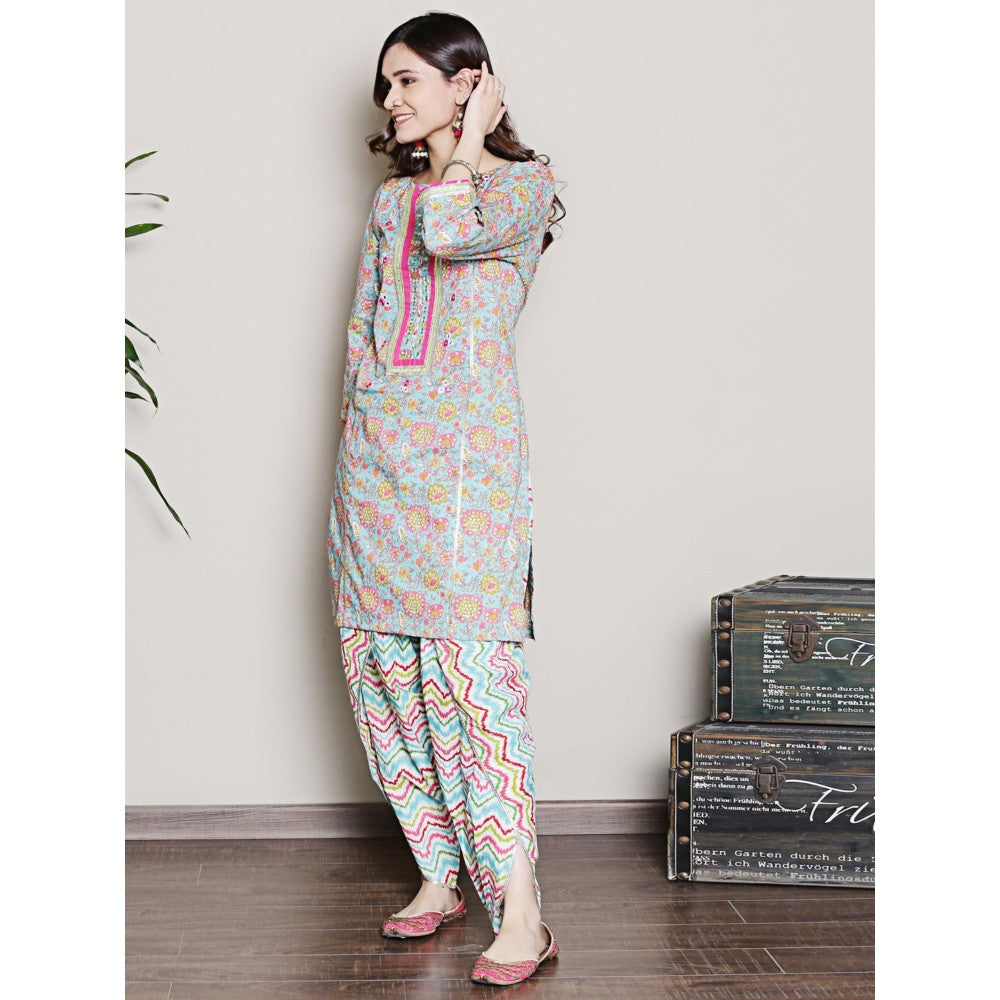 Spring Soul Floral Printed Blue Gota Mirrorwork Kurta Dhoti Pant and Dupatta (Set of 3)