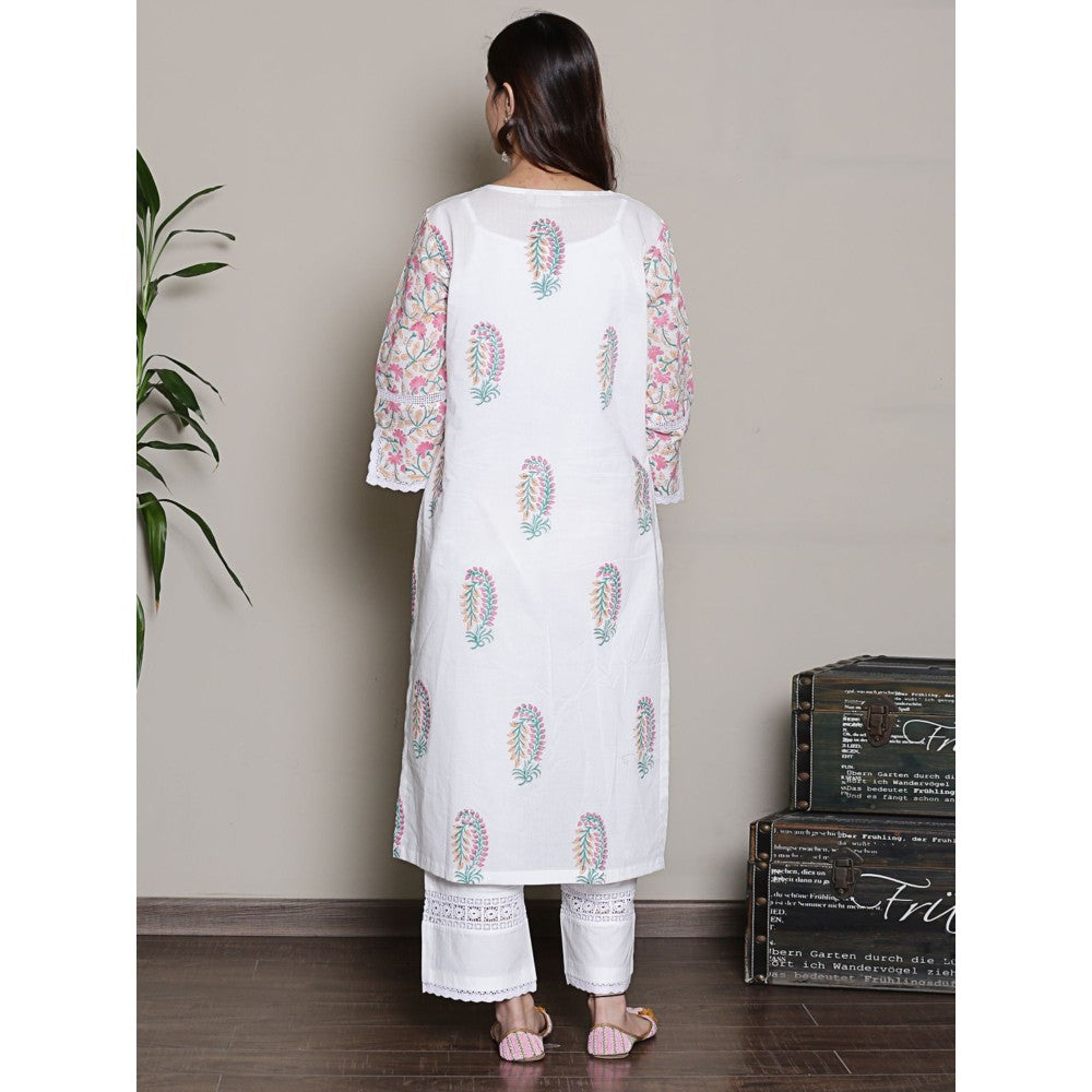 Spring Soul Mix-N-Match White-Pink Mughal Print Kurta with Pant (Set of 2)