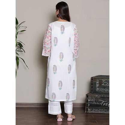 Spring Soul Mix-N-Match White-Pink Mughal Print Kurta with Pant (Set of 2)