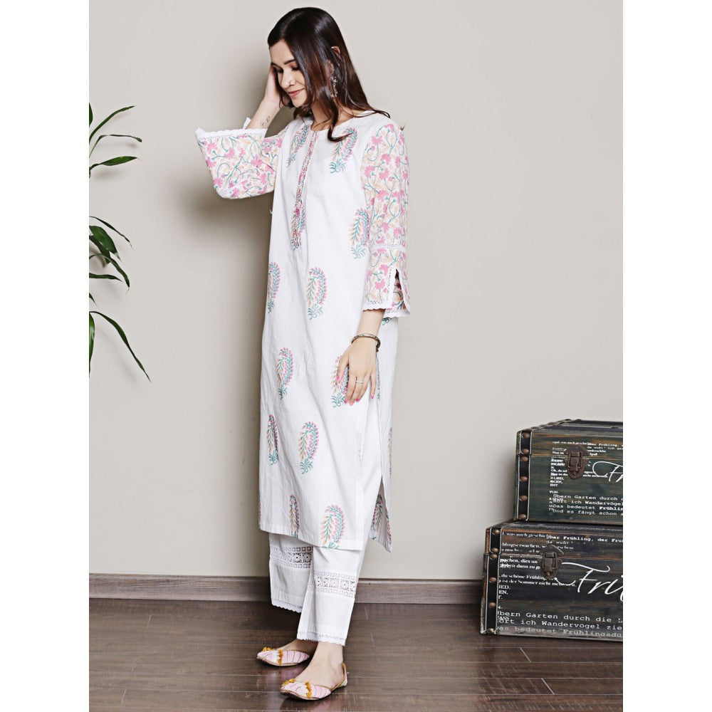Spring Soul Mix-N-Match White-Pink Mughal Print Kurta with Pant (Set of 2)