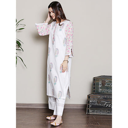 Spring Soul Mix-N-Match White-Pink Mughal Print Kurta with Pant (Set of 2)