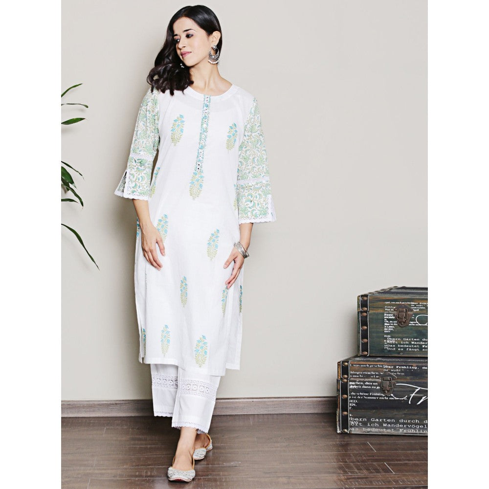 Spring Soul Mix-N-Match White-Blue Mughal Print Kurta with Pant (Set of 2)