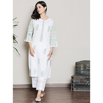 Spring Soul Mix-N-Match White-Blue Mughal Print Kurta with Pant (Set of 2)