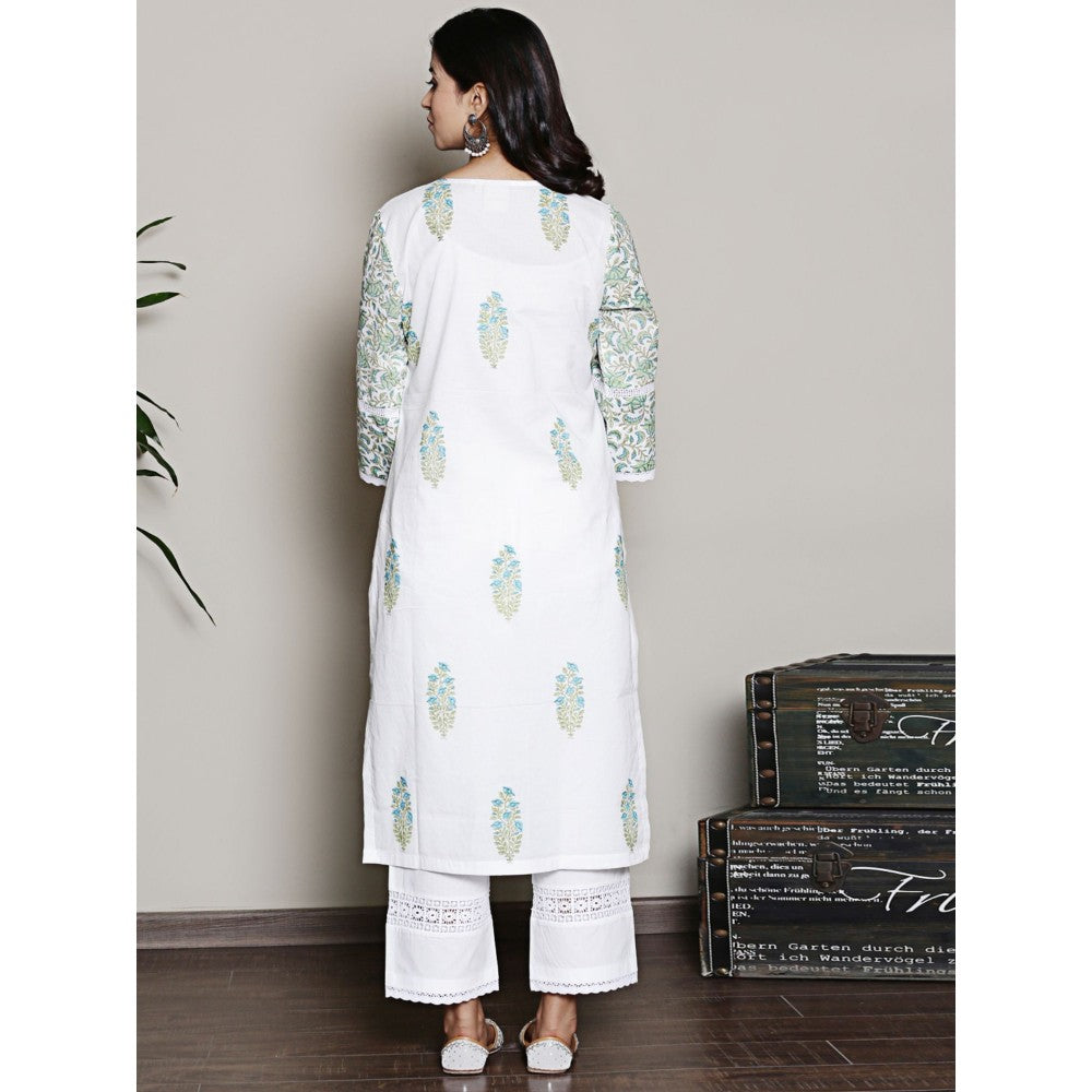 Spring Soul Mix-N-Match White-Blue Mughal Print Kurta with Pant (Set of 2)