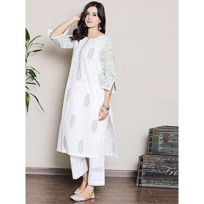 Spring Soul Mix-N-Match White-Blue Mughal Print Kurta and Pant with Dupatta (Set of 3)
