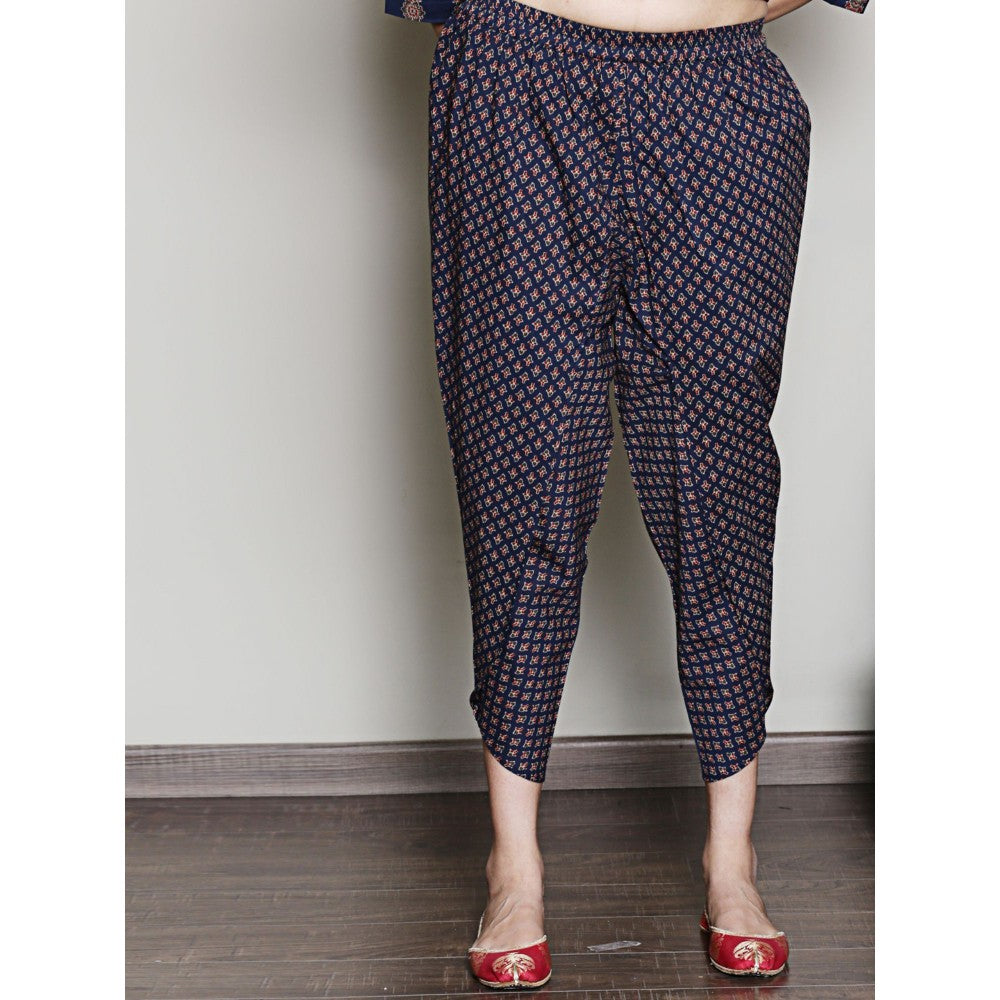 Spring Soul Block Printed Navy Blue Embroidered Kurta with Dhoti Pants (Set of 2)