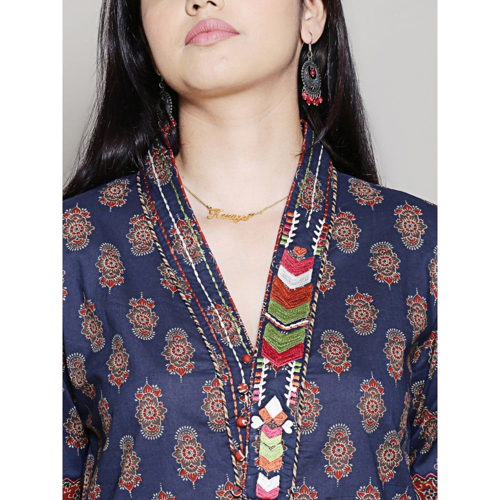 Spring Soul Block Printed Navy Blue Embroidered Kurta with Dhoti Pants (Set of 2)