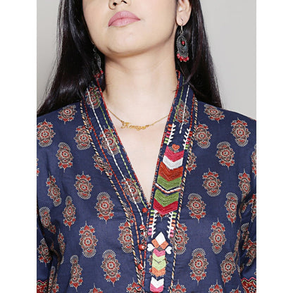 Spring Soul Block Printed Navy Blue Embroidered Kurta with Dhoti Pants (Set of 2)