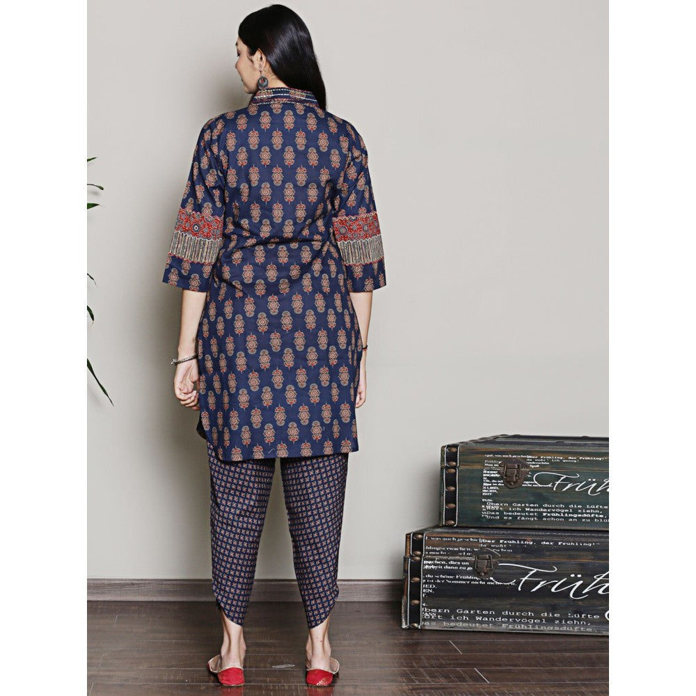 Spring Soul Block Printed Navy Blue Embroidered Kurta with Dhoti Pants (Set of 2)