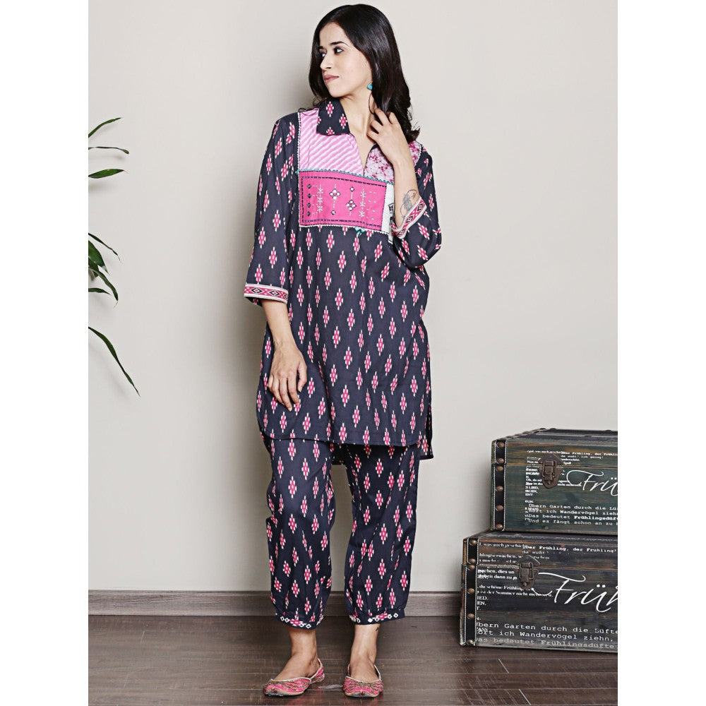 Spring Soul Block Printed Navy Blue Kurta with Yoke Detailing Harem Pant (Set of 2)